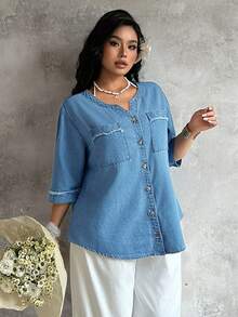 Breezaya 大码夏季休闲前扣牛仔衬衫 女士上衣和衬衫 工作衬衫 女士免烫衬衫 女士Y2K修身衬衫 复活节服装 女士沙滩装 - 藍色 - 查看 6