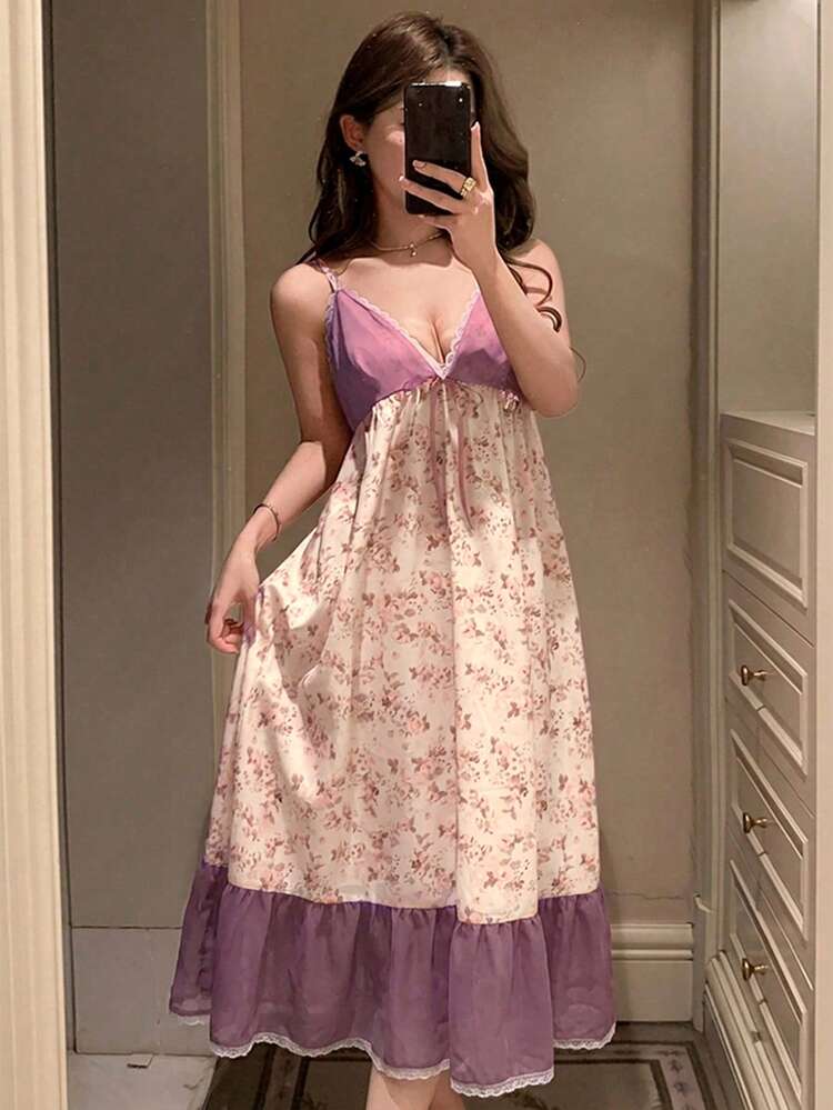 Summer Sweet Countryside Style Ditsy Floral Patchwork Ruffle Hem Maxi Nightgown For Women