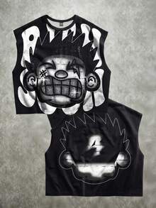 Manfinity ZONE917 Plus Size Men's Boxy Street Style Distressed Funny Diamond Teeth Tattoo Print Plus Size Short Graphic T-Shirt & Tank Top - Black - View 6