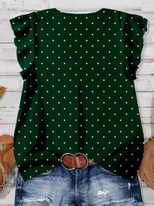 EMERY ROSE Plus Size Casual Minimalist Polka Dot Print Ruffle Hem Shirt, Suitable For Summer - Dark Green - View 2