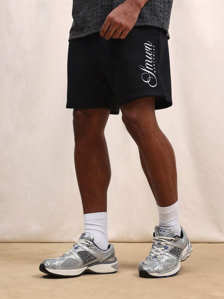 Shorts Casuais Leves Masculinas com Estampa Gráfica e Design de Logo Lateral, Cordão na Cintura, Roupa Esportiva de Verão