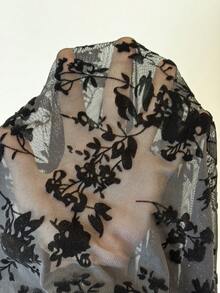 Jeanoix Sheer Sexy Flocked Floral Deep V-Neck Ruched Peplum Hem Women Blouse - Black - View 4