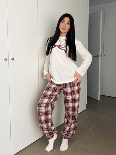 Hitanina 女士休闲日常家居圣诞纯色圆领长袖蝴蝶结印花和红色格子抽绳裤两件套睡衣套装，秋冬