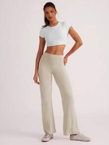 SHEIN Sports 女士休闲弹力手机口袋运动喇叭裤，适合瑜伽 - 淡黃色 - 查看 4