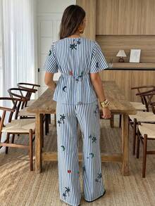 Flora Isola Flora Isola Blue Striped Color Print V-Neck Short Sleeve Tie Waist Pants Set Two Pieces Outfit For Women Spring Summer Casual Vacation Wear - Multicolor - View 2