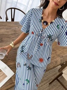 Flora Isola Flora Isola Blue Striped Color Print V-Neck Short Sleeve Tie Waist Pants Set Two Pieces Outfit For Women Spring Summer Casual Vacation Wear - Multicolor - View 5