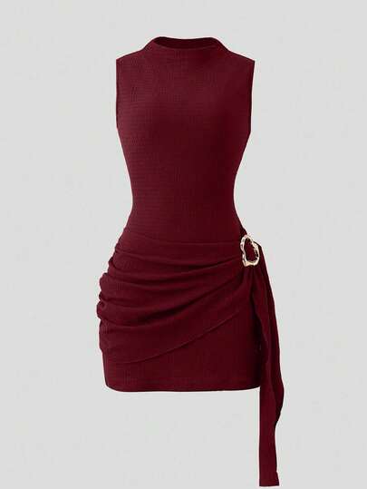 Olithes Nuevo vestido elegante y sexy de primavera/verano para citas, de cuello alto, con hebilla metálica, fruncido y sin mangas, de silueta ajustada para mujeres