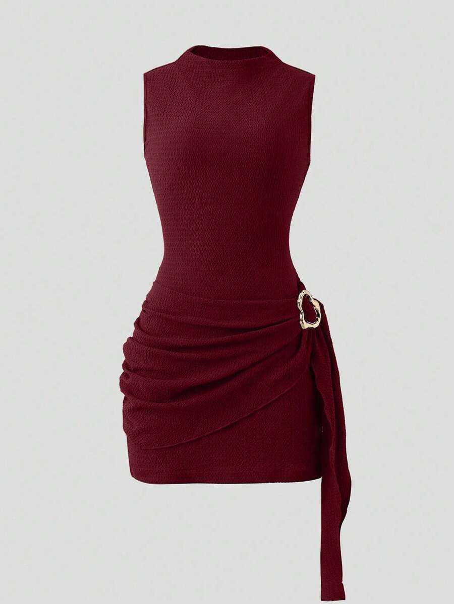 Olithes Nuevo vestido elegante y sexy de primavera/verano para citas, de cuello alto, con hebilla metálica, fruncido y sin mangas, de silueta ajustada para mujeres - Burdeos - Ver 1