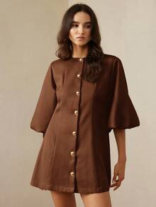 BELROSIE Gaun Rajut Herringbone Lengan Lentera Elegan Serbaguna dengan Desain Modis dan Mewah - Coklat - View 5