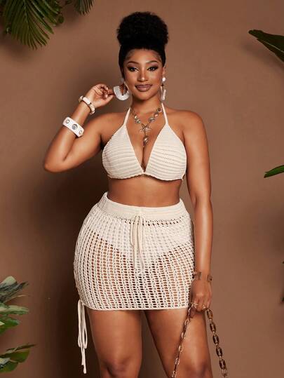 Maweii Women's Casual Minimalist Sexy Young Fashion Halter Hollow Out Cropped Top And Elastic Waist Bow Tie Hem Short Skirt Set, White Plus Size Sweater, Suitable For Beach, Vacation