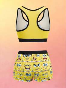 SpongeBob SquarePants | SHEIN Women Cartoon Print Camisole And Shorts Underwear Set - Yellow - View 2