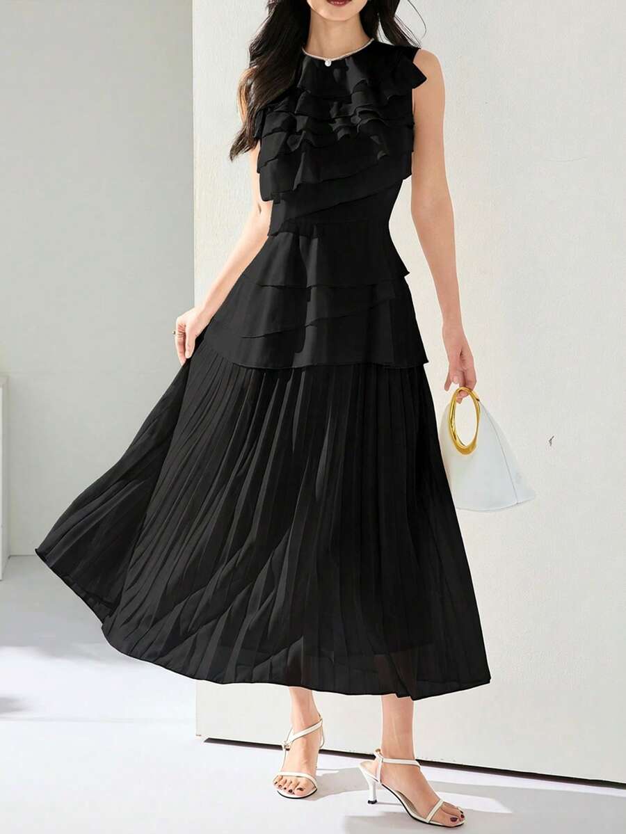 Heiryn Women's Sleeveless Ruffle Tiered A Line Long Dress Elegant Classy Pleated Maxi Dress In Black For Evening Party Dinner Summer