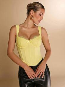 SHEIN BAE Elegant Solid Color Lace Patchwork Underwire Bralette - Yellow - View 4