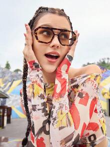 1 Pair Women's Leopard Print Polygon PC Frame Retro Double Bridge Fashionable Casual Style Glasses - Multicolor - View 5