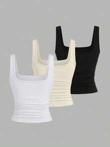 EMERY ROSE 3件套加大码女式休闲纯色及印花图案无袖背心套装，夏季 - 彩色 - 查看 2