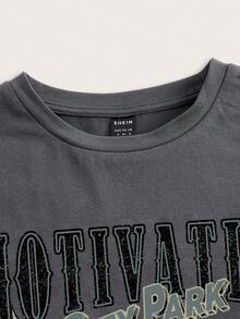 SHEIN EZwear Áo thun ôm dáng cổ tròn tay ngắn in chữ và hình cánh đại bàng đơn giản dành cho nữ, phù hợp cho mùa hè - Màu xám đen - Xem 3
