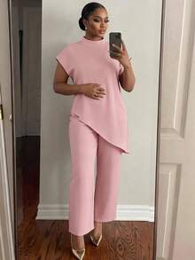 SHEIN Lady CURVE Top elegant pentru femei de mărime mare, cu guler rotund, lejer, asimetric, cu tiv, Ziua Îndrăgostiților, cu mânecă lungă, pentru petrecerea de Anul Nou, Top pentru femei de Ziua Îndrăgostiților, pentru petrecerea de Anul Nou - Roz - Vizualizare 6