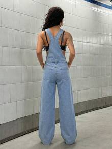 SHEIN Tall Women's Fashionable Casual Everyday Versatile Denim Bib Pants And Jumpsuit - Light Wash - View 2