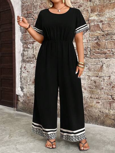 EMERY ROSE Plus Size Women Casual Comfortable Printed Jumpsuit, Suitable For Daily Wear And Vacation