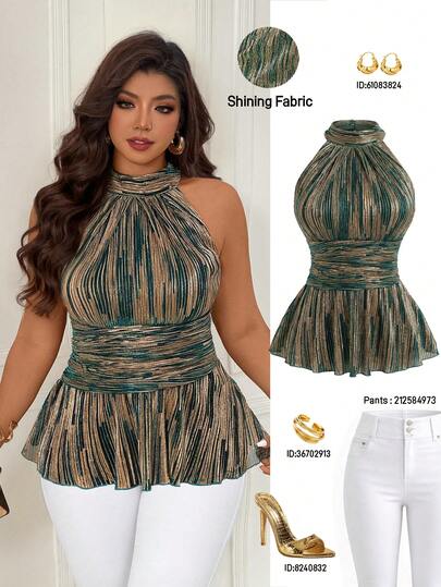 Femmeverse Plus Size Women's Fashion Sexy Halter Pleated Satin Fabric Top