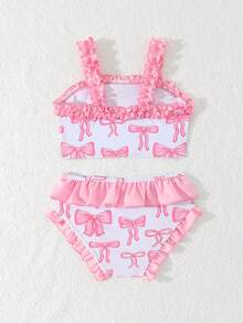 Young Girls Bikini Sets: A Set Of Cute Multi-Color Pink Bow-Patterned Knitted Fabric Tops With Lace Shoulder Straps And Bottom Hem Lace For The Pants. It Consists Of Two Pieces, A Separate Top And A Triangle-Shaped Bottom. It Is Fashionable, Casual, Exquisite And Elegant, Suitable For Swimming, Summer Vacations, Beach, Seaside, Swimming Pools, Swimming Pools, Summer Holidays, Party And Leisure Vacations. - Pink - View 2