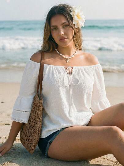 SHEIN ICON Plus Size Women's Spring/Summer Retro Sexy Elegant Beach Vacation Simple Casual Bohemian Music Festival Tassel Tie-Waist Off-Shoulder White Textured Fabric Lace Patchwork Loose Top