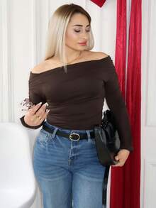 salliqueen Women's Solid Color Ruched Off Shoulder Long Sleeve Bodysuit - Coffee Brown - View 5