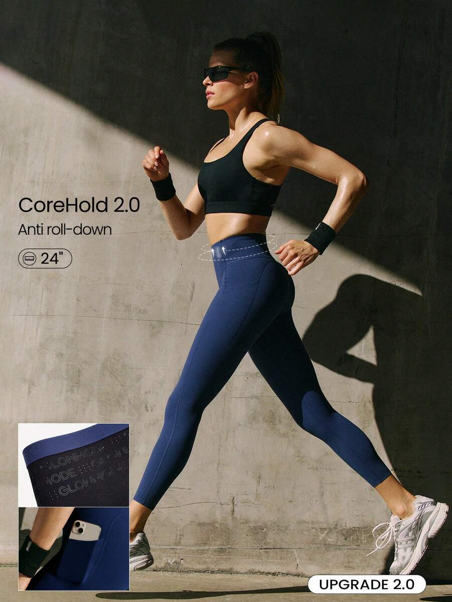 GLOWMODE Mallas de 24" FeatherFit™-Sculpt con control de sudoración, control compresivo anti-enrollamiento, control del abdomen, sin costura frontal, bolsillos laterales, para entrenamiento de bajo impacto, running, gimnasio - Dark Blue - Ver 1