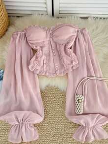 INAWLY Top corto con volantes, hombros descubiertos, botones de perlas falsas y mangas acampanadas en estilo retro francés rosa - Rosa - Ver 1