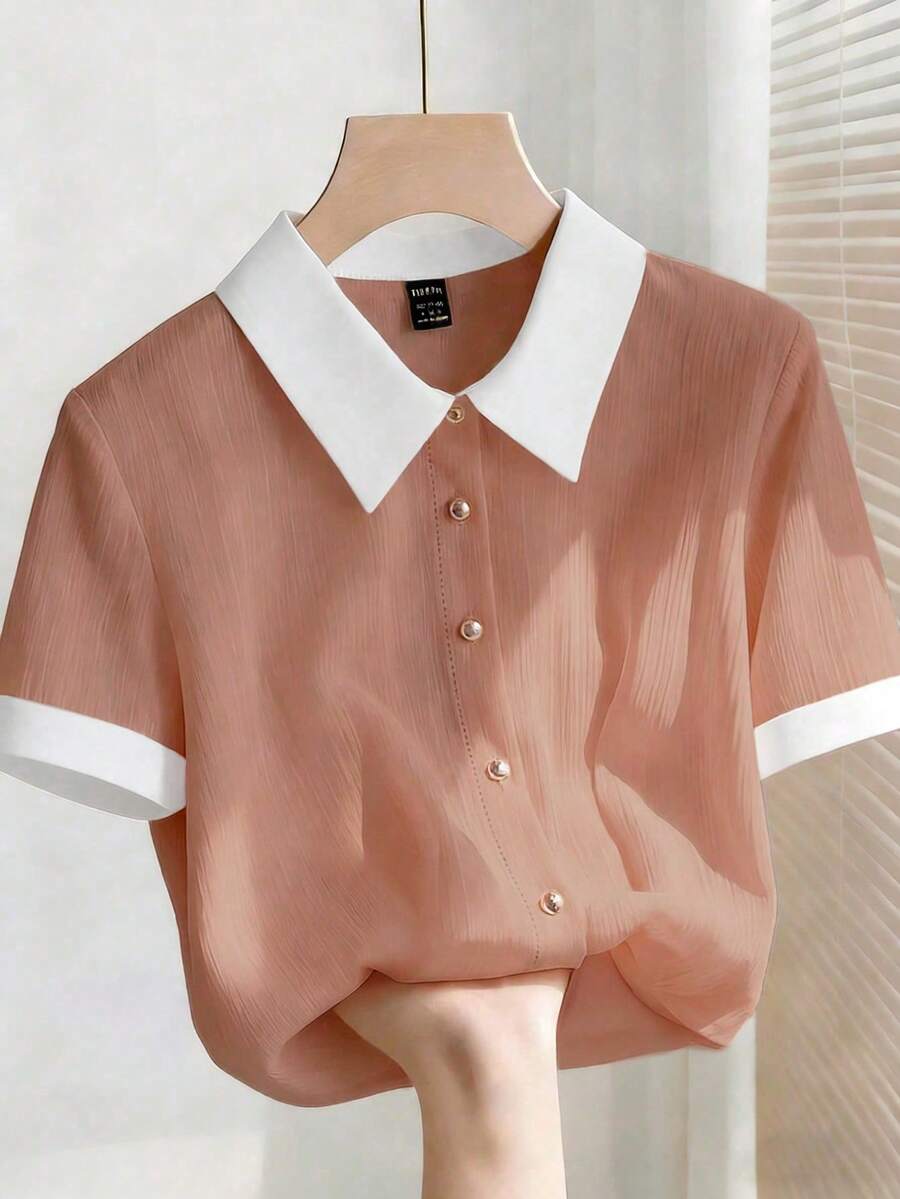 Franclia Áo sơ mi nữ thanh lịch màu hồng nhạt chất liệu chiffon nhăn, cổ trắng, tay ngắn, dáng rộng. - Màu Hồng  San hô - Xem 1