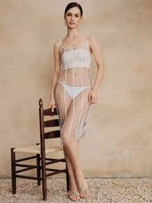White Chain Layered Splice Hollow Out Slip Dress, Sophisticated Women's Theme Party Avant-Garde Stylish Piece - White - View 4