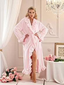 1pc Women's Super Soft Ruffle Hem Thick Fleece Robe, Ruffle Hem Fashion Robe With Side Pockets, Warm Long Bathrobe, Plush SPA Robe, Loungewear, Sleepwear - Multicolor - View 8
