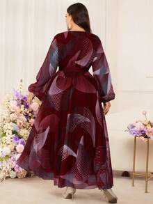 Modelyn Vestido midi listrado elegante e modelador de cintura para mulheres plus size - Borgonha - Ver 2