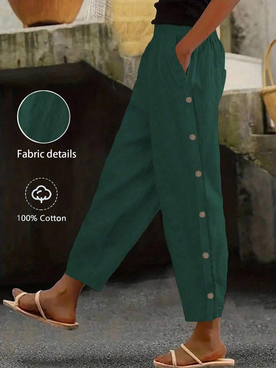 EMERY ROSE Women's Solid Color Elastic Waist Slant Pocket Button Decor Pants - Dark Green - View 1
