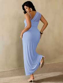 Auralis Plus Size Women's Light Blue Summer Elegant Wedding Guest Sheer Mesh Sleeveless Asymmetrical Neck Ruched Fitted Dress,Minimalist Chic Fashion Basic - Baby Blue - View 3