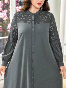 SHEIN Lacomfia 女士衬衫裙，立领长袖，刺绣镂空蕾丝拼接，宽松舒适优雅日常百搭大码阿拉伯风格 - 灰色 - 查看 6