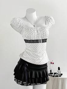 Elamini Áo thun nữ mùa hè dáng ôm, chấm bi Pháp, cổ áo rộng, nơ và phối ren, gợi cảm. - trắng - Xem 3