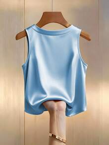 GlowEve CURVE Plus Size Fashionable Casual French Romantic Retro Elegant Commuting Faux Pearl Decor Vest - Blue - View 2