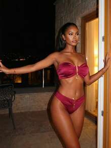 Vaytide 2 件套女士纯色性感露肩比基尼适合海滩度假 2025 年夏季 - 酒紅色 - 查看 2