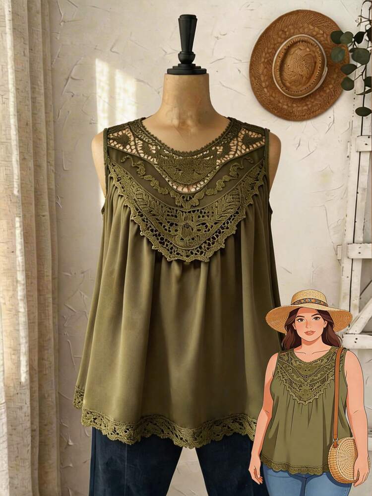 Plus Size Women Lace Patchwork Casual Versatile Daily Wear Top/Summer/Vacation,Spring Clothes Women,Beach Vacation Outfits For Women,Going Out Tops For Women,Vacation Outfits Women, Peplum Top,Green Top Boho Tops Plus Size Boho Women's Tops Bohemian Tops For Women Olive Green Top Plus Size Tops Boho Women's Clothing Tops Plus Size Boho Tops Boho Tops For Women Summer Tops For Women Elegant Lace Tops For Women Bohemian Clothes For Women Boho Chic Women's Clothing Women's Tops For Summer Women's Vest Tops Summer Tops Women Holiday