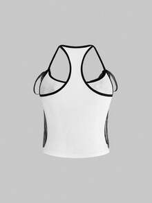 ROMWE Kawaii Top ajustado de mujer con estampado de gato negro y lazo de encaje - Blanco - Ver 6