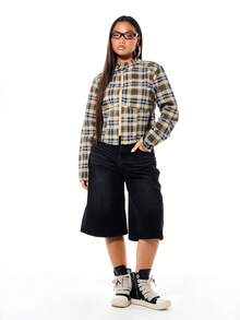 SUMWON WOMEN Plaid Check Pattern Cropped Denim Biker Jacket With Zip Closure Long Sleeves Women Casual Fall Winter Outerwear - Multicolor - View 3