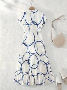 Franclia Damen Sommer Lässig Urlaubs Minimalist Umlegekragen Raglanärmel Taille Plissee Saum Blau Blumen Muster Langes Hemdkleid Damen Sommerkleider - Weiss - Übersicht 2
