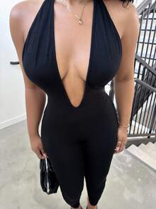 Alexandranx 女士 Y2k 外出性感派对深 V 领露背紧身黑色连体裤 - 黑色 - 查看 3