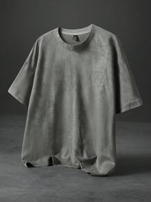 PAVTROS 男士标语刺绣圆领宽松休闲T恤街头风上衣纹理T恤超大款T恤男士超大款印花短款图案T恤 - 灰色 - 查看 3