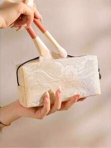 1pc/3pcs Elegant Lace Cosmetic Bag, Women's Large Capacity Waterproof Travel Makeup Organizer, Holiday Mesh Design Gift Pouch ,Makeup Bag - Beige - View 9