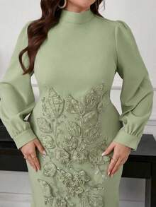 Modelyn 大码女式立体花卉装饰优雅收腰A字连衣裙 - 綠色 - 查看 6