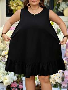 SHEIN CURVE+ Curve 尺码 US22 音乐节、海滨度假、波西米亚风女士露背圆领纯色荷叶边下摆无袖复古夏季休闲连衣裙，黑色 - 黑色 - 查看 4