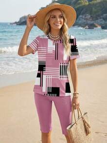 EMERY ROSE 2pcs Women's Simple Color Block Pattern Casual Set, Suitable For Summer Suitable For Going Out,Casual - Multicolor - View 4