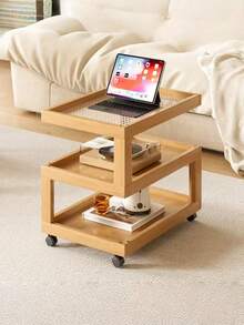 Mesa lateral de sala de estar de diseño geométrico estético de madera sólida, mesa de noche de madera de alcanfor, mesa de noche móvil con estantería de cabecera, mesa lateral pequeña de bambú simple y moderna, gabinete de almacenamiento multifuncional creativo para uso doméstico, estantería de almacenamiento para la sala de estar. - Multicolor - Ver 2